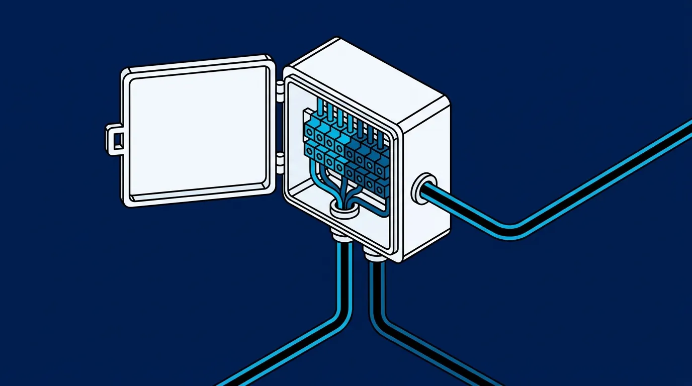 Flat isometric illustration. An isometric wall-mounted junction box with its cover swung open, showing a row of terminals inside. One incoming line enters the box and two outgoing lines leave it, one continuing straight ahead and one diverted to the side, both running off the frame edge. The original line is plainly still intact.